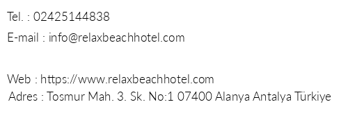 Relax Beach Hotel telefon numaralar, faks, e-mail, posta adresi ve iletiim bilgileri